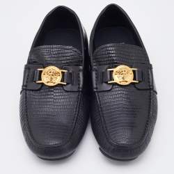 Versace Black Lizard Embossed Leather Medusa Embellished Slip On Loafers Size 41
