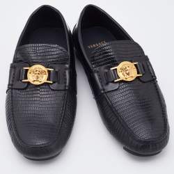 Versace Black Lizard Embossed Leather Medusa Embellished Slip On Loafers Size 41