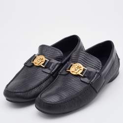 Versace Black Lizard Embossed Leather Medusa Embellished Slip On Loafers Size 41