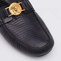 Versace Black Lizard Embossed Leather Medusa Embellished Slip On Loafers Size 41