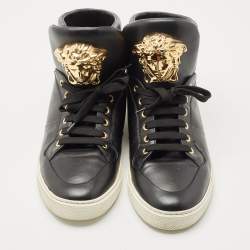 Pre Owned Versace Black Leather Medusa Lace High Top Sneakers Size 42.5