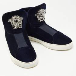 Pre Owned Versace Dark Blue Velvet Palazzo Medusa High Top Sneakers Size 44