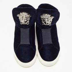 Pre Owned Versace Dark Blue Velvet Palazzo Medusa High Top Sneakers Size 44