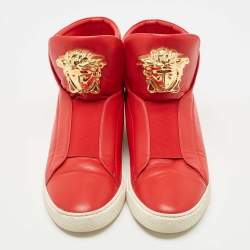مملوكة مسبقًا Versace Red Leather Palazzo Medusa High Top Sneakers Size 44