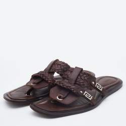 Versace Brown Woven Leather Slide Sandals Size 42