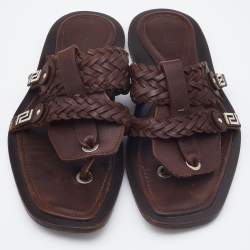 Versace Brown Woven Leather Slide Sandals Size 42