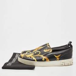 Pre Owned Versace Black/Gold Barocco Printed Leather Slip On Sneakers Size 42