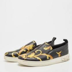 Pre Owned Versace Black/Gold Barocco Printed Leather Slip On Sneakers Size 42