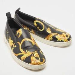 Pre Owned Versace Black/Gold Barocco Printed Leather Slip On Sneakers Size 42