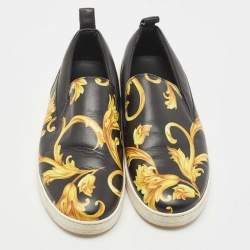 Pre Owned Versace Black/Gold Barocco Printed Leather Slip On Sneakers Size 42