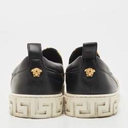 Pre Owned Versace Black/Gold Barocco Printed Leather Slip On Sneakers Size 42