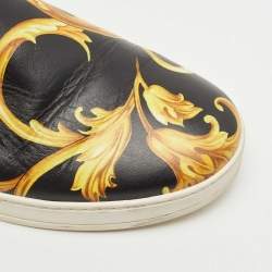 Pre Owned Versace Black/Gold Barocco Printed Leather Slip On Sneakers Size 42