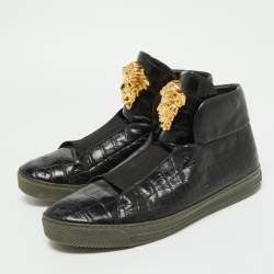 Versace Black Croc Embossed Leather Palazzo Medusa High Top Sneakers Size  44 