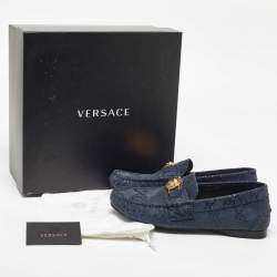 Versace Blue Lizard Embossed Leather Medusa Slip On Loafers Size 43