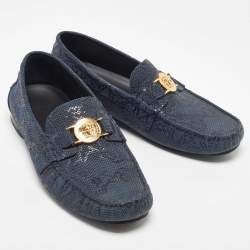 Versace Blue Lizard Embossed Leather Medusa Slip On Loafers Size 43
