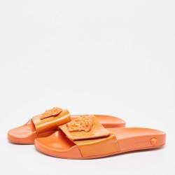 Versace Orange Patent Leather Medusa Flat Slides Size 41