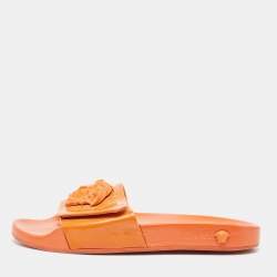 Versace Orange Patent Leather Medusa Flat Slides Size 41