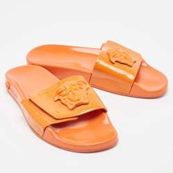 Versace Orange Patent Leather Medusa Flat Slides Size 41