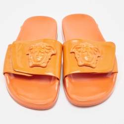 Versace Orange Patent Leather Medusa Flat Slides Size 41