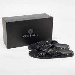 Versace Black Studded Woven Leather Medusa Slide Sandals Size 42