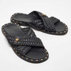 Versace Black Studded Woven Leather Medusa Slide Sandals Size 42