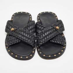 Versace Black Studded Woven Leather Medusa Slide Sandals Size 42