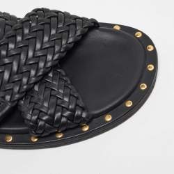 Versace Black Studded Woven Leather Medusa Slide Sandals Size 42