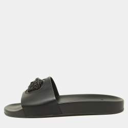 Versace Black Leather Medusa Flat Slide Sandals Size 43