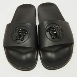 Versace Black Leather Medusa Flat Slide Sandals Size 43