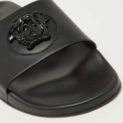Versace Black Leather Medusa Flat Slide Sandals Size 43
