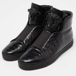 Versace Black Croc Embossed Leather Palazzo Medusa High Top Sneakers Size 43