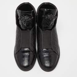 Pre Owned Versace Black Croc Embossed Leather Palazzo Medusa High Top Sneakers Size 43