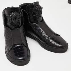 Pre Owned Versace Black Croc Embossed Leather Palazzo Medusa High Top Sneakers Size 43