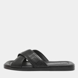 Versace Black Leather Greca Flat Slides Size 42.5