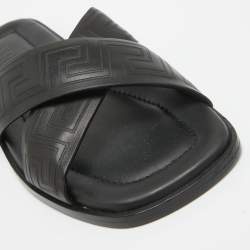 Versace Black Leather Greca Flat Slides Size 42.5