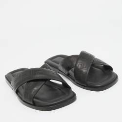 Versace Black Leather Greca Flat Slides Size 42.5