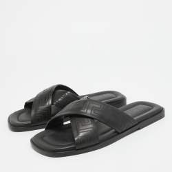 Versace Black Leather Greca Flat Slides Size 42.5