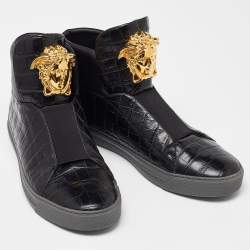 Versace Black Croc Embossed Leather Medusa High Top Sneakers Size 42