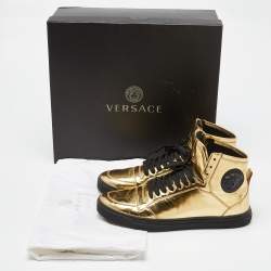 Pre Owned Versace Gold Laminated Leather Medusa Lace High Top Sneakers Size 43
