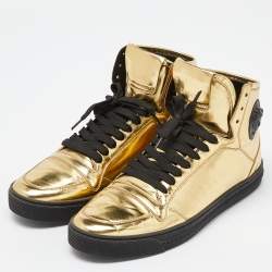 Pre Owned Versace Gold Laminated Leather Medusa Lace High Top Sneakers Size 43