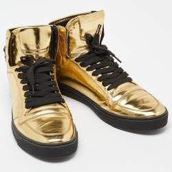 Pre Owned Versace Gold Laminated Leather Medusa Lace High Top Sneakers Size 43