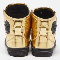 Pre Owned Versace Gold Laminated Leather Medusa Lace High Top Sneakers Size 43