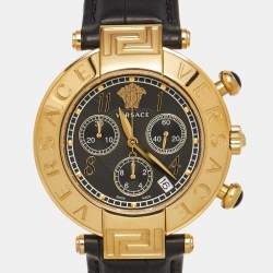 Versace Black Gold Plated Stainless Steel Embossed Leather Reve Q5C Men's Wristwatch 40 mm