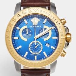 Versace Blue Two-Tone Stainless Steel Leather VE2E00221 Men's Wristwatch 45 mm