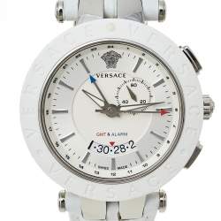 Pre Owned Versace Silver Stainless Steel Leather V-Race GMT 29G9S1D001S001 Men's Wristwatch 46 mm