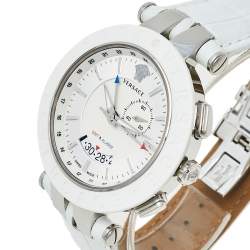 Pre Owned Versace Silver Stainless Steel Leather V-Race GMT 29G9S1D001S001 Men's Wristwatch 46 mm