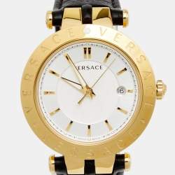 Pre Owned Versace Silver Gold Plated Stainless Steel Leather V-Race VPQ Men's Wristwatch 42 mm