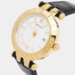 Pre Owned Versace Silver Gold Plated Stainless Steel Leather V-Race VPQ Men's Wristwatch 42 mm