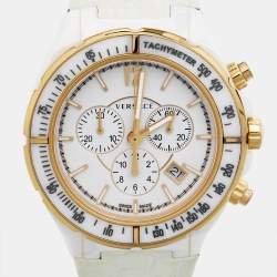 Versace White Ceramic Rose Gold Plated Stainless Steel Leather DV One Chronograph 28C Unisex Wristwatch 42 mm