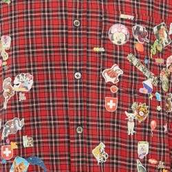Pre Owned Vetements Red Plaid Sticker Print Chemises Oversized Shirt XS